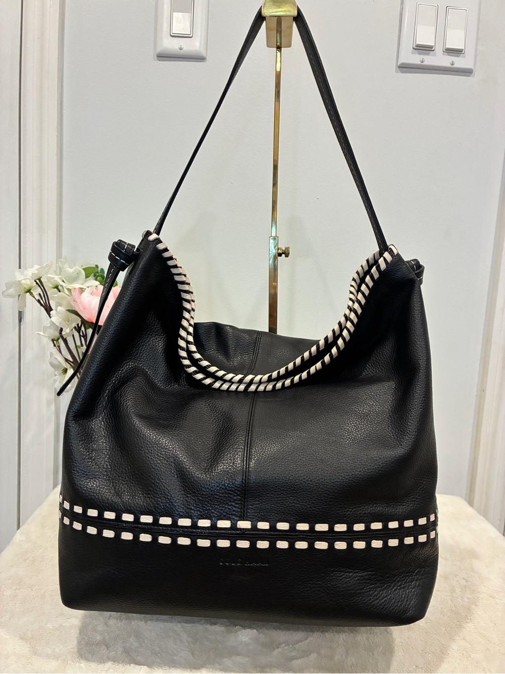 Cole Haan Black Pebbled Leather Whipstitch Hobo Shoulder Bag Large